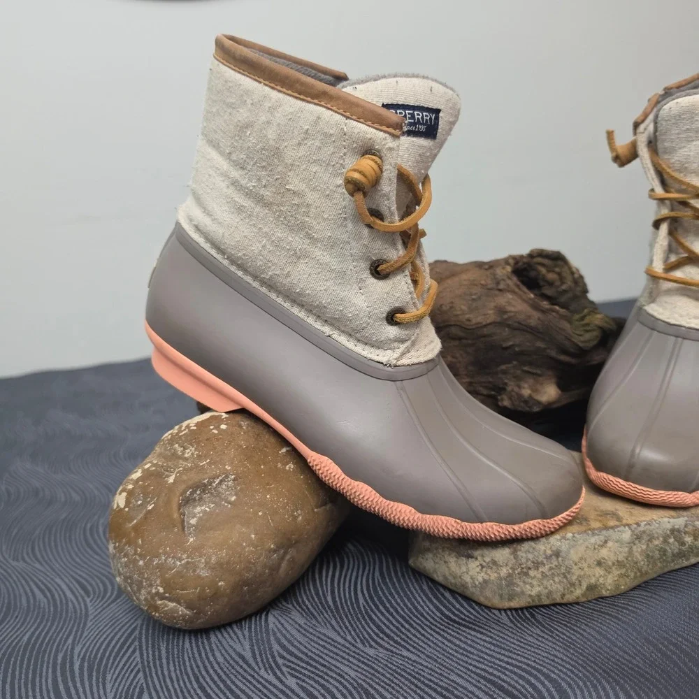 Sperry Saltwater Duck Boots Womens 8  Gray Coral Fleece Lined Waterproof